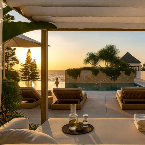 Pool and daybed in sunset at luxury InerContinental Sydney Coogee Beach hotel