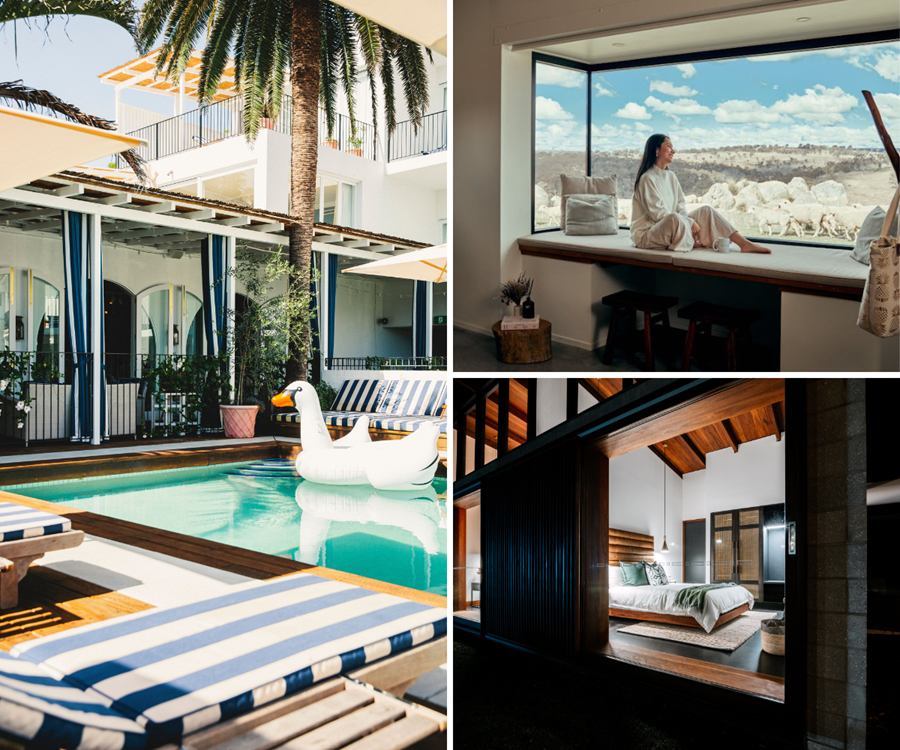 Collage with Halcyon House pool and sunbeds, Wilga Station room with a lady sitting by the window looking at sheep outside, Somnium accommodation bedroom with Asian style design