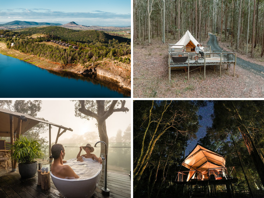 Glamping experiences, glamping tents on mountains overlooking Lake Keepit, Glamping tent in paperbark trees, bathtub on a deck in the bush, glamping tent in the bush with dark skies